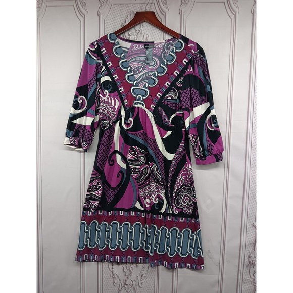 Bisou Bisou Dress Women's SZ 6 Stretch V-Neck High Waist Puff Sleeves Paisley EC - Picture 1 of 16